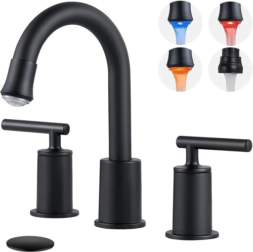 VXV LED Bathroom Faucet Matte Black, 3 Hole Widespread Bathroom Sink Faucets, 2-Handle 8 Inch Bathroom Lavatory Faucet, Basin Mixer Tap Faucet, Drain Assembly Included (LED-MB) - Lot 3182
