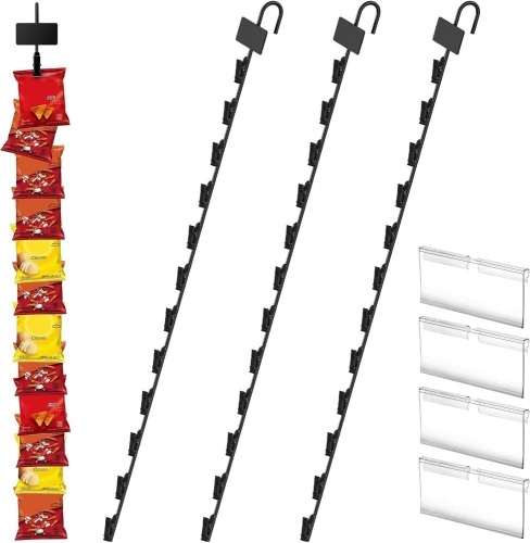 HawHawToys Hanging Merchandise Strips with Hooks, Pack of 4 – 31”Chip Rack with 12 Clips, Chips Holder, Hanging Display Strip for Retail Displaying (Black) - Lot 3184