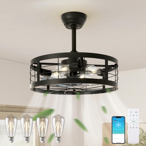 VOLISUN Caged Ceiling Fan with Light,19.7in Black Fandelier Ceiling Fan with Light and Remote,Farmhouse Bladeless Ceiling Fan Lights Fixtures for Kitchen,Bedroom(4 * 4000K Bulbs Included)  - Lot 3190