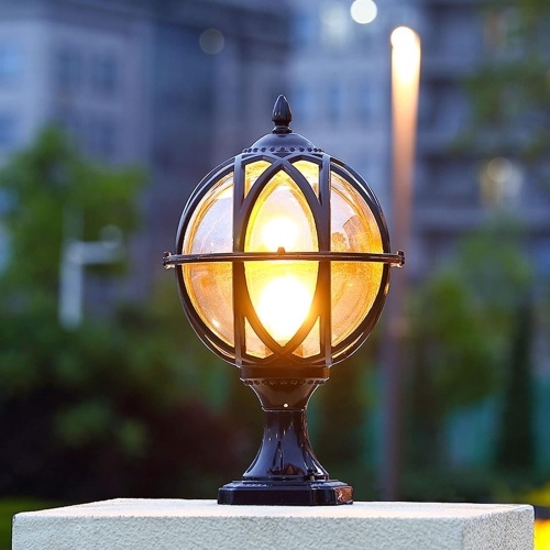 Outdoor Pillar Lights Retro Amber Glass Ball Post Light Fixture Waterproof Die-cast Aluminum Column Lamp Villa Courtyard Garden Park Doorpost Light Fence Light Landscape Decorative Lighting  - Lot 3193