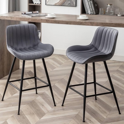Counter Height Bar Stools, Modern Velvet Barstools Set of 2 with Black Legs and Fabric Seat and Back for Kitchen Island, Grey.  - Lot 3199