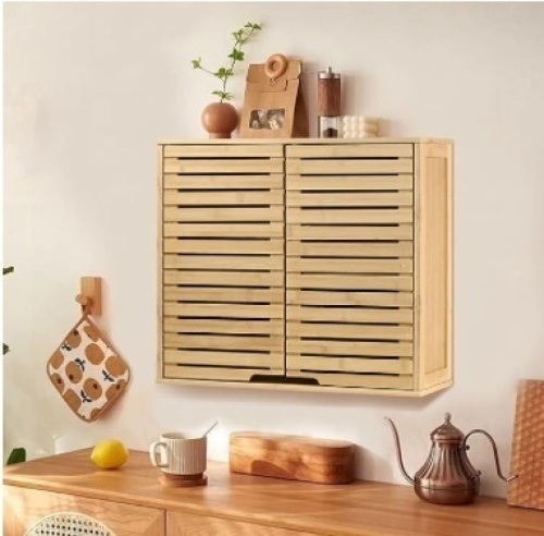 HYNAWIN Bamboo 2 Tier Bathroom Wall Cabinet with Adjustable Shelf, Double Door Cabinet for Bathroom, Living Room (20.28'' Height) $74.99 - Lot 58
