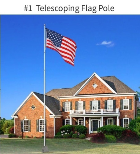 25' Telescoping flag pole kit with flag. 5 sections, 16 Gauge (0.05in thick) Rustproof Aluminum Flag Pole First & second section can hold up to 3x5 flag - you can fly 2 flags at the same time! Easy set up in minutes with rotating lock between each sectio - Lot 74