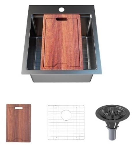 Drop in Kitchen Sink, 17 X 19 Inch Kitchen Sink Nano, 18 Gauge Gunmetal Matte Stainless Steel Sink, 9 Inch Depth Workstation Sink Single Bowl, T-304 Topmount Sink with Accessories $203.23 - Lot 78
