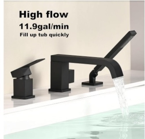 Deck Mount Tub Faucet with Sprayer Black Bahtub filler with Diverter Handheld Shower High Flow Rate 11.9GAL Waterfall Faucets 3 Holes $199.99 - Lot 110