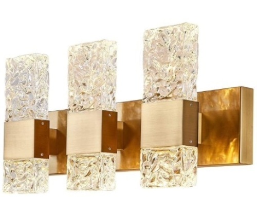 Gold Bathroom Vanity Lights Fixtures Over Mirror LED Crystal Modern 3 Light Brushed Stainless Steel Wall Mount Light for Bathroom Lighting Fixtures 3000K 30Watts Warm Light $150 - Lot 117