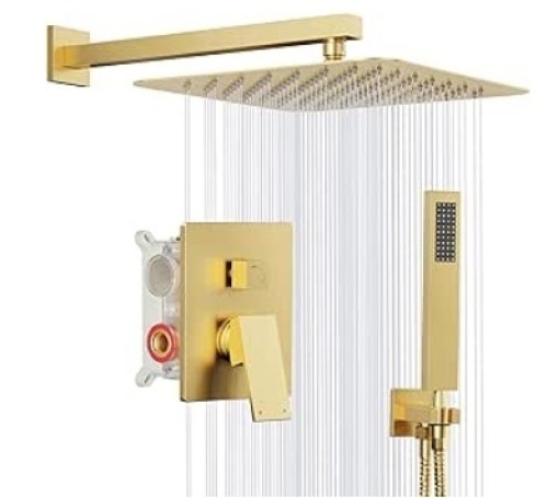 Gold Shower System, 10'' Square Rainfall Shower Head with Handheld Combo Spray, Bathroom Brushed Gold Shower Faucet Set with Valve, 59'' Shower Hose, Shower Trim Kit and Diverter, Wall Mounted $145.69 - Lot 118