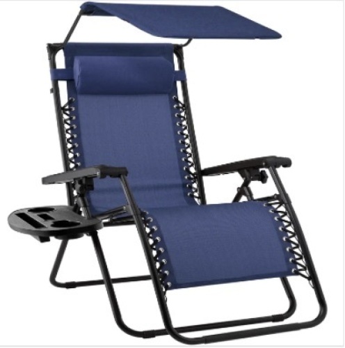 Best Choice Products Folding Zero Gravity Outdoor Recliner Patio Lounge Chair w/Adjustable Canopy Shade, Headrest, Side Accessory Tray, Textilene Mesh - Navy Blue $79.99 - Lot 132