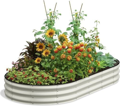 Oval 8x4x1 FT Galvanized Raised Garden Bed, Pearl White  - Lot 307