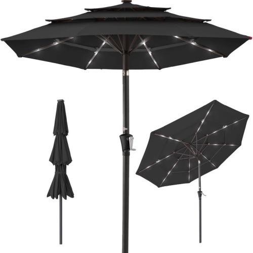 3-Tier Solar Patio Umbrella w/ LED Lights, Tilt Adjustment, Crank - 10ft  - Lot 357
