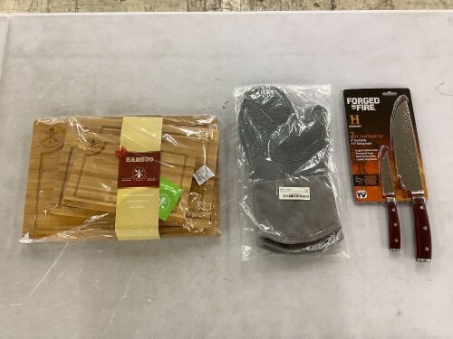Lot of Bamboo Cutting Boards, Silicone Oven Mits & Chef Knife Set - Lot 620