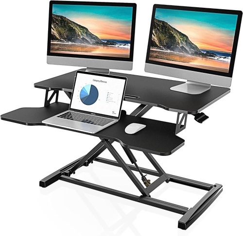 FITUEYES Height Adjustable Standing Desk 32” Wide Sit to Stand Converter Stand Up Desk Tabletop Workstation for Dual Monitor Riser FSD308001WB - Lot 2523