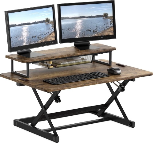 SHW 36-Inch Height Adjustable Standing Desk Converter Sit to Stand Riser Workstation, Rustic Brown - Lot 2627
