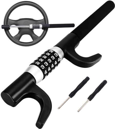 Tevlaphee Steering Wheel Lock, Car Lock Anti Theft Keyless Extendable Retractable Password 5 Coded Combination Lock, Heavy Duty Universal Fit (Black) - Lot 3262