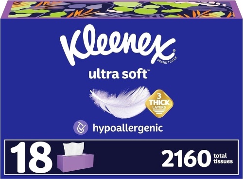 Kleenex Ultra Soft Facial Tissues, 18 Flat Boxes, 120 Tissues per Box, 3-Ply (2,160 Total Tissues), Packaging May Vary - Lot 3269