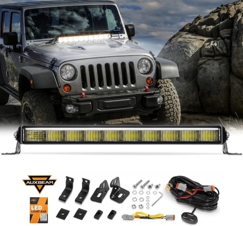 Auxbeam 22 Inch Single Row LED Light Bar White Amber Offroad DRL Driving Lights with Side&Bottom Bracket DT Plug Adapter Wiring Harness 1 Leads - Lot 3278