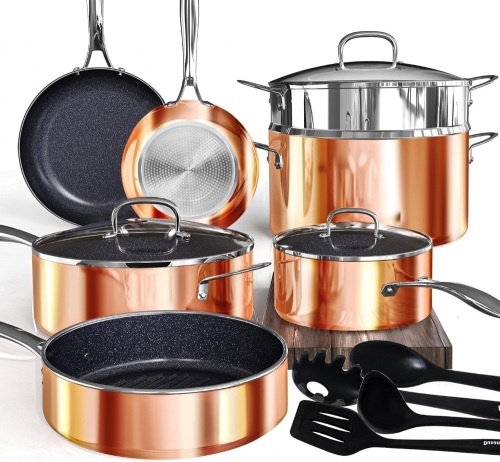 Deluxe 14PC Nonstick Cookware Sets, DUXANO Freshness-Maintained Pots and Pans with 9H Hardness 2-Layer Ceramic Coating, True Cool Handles, PFAS Free, Dishwasher Safe, All Cooktops & Induction Ready - Lot 3302