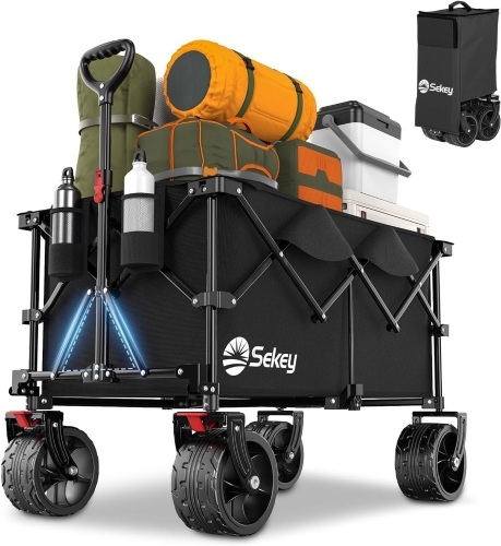 Sekey 220L Collapsible Foldable Wagon with 330lbs Weight Capacity, Heavy Duty Folding Utility Garden Cart with Big All-Terrain Beach Wheels & Drink Holders. Black - Lot 3304
