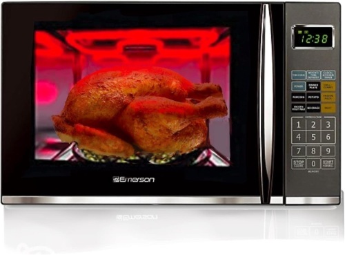 Emerson 1.2 Cu. Ft. Microwave Oven with Griller, Timer & LED Display 11 Power Levels, 9 Pre-Programmed Settings, Removable Glass Turntable with Child Save Lock, 1100W, Stainless Steel - Lot 3305