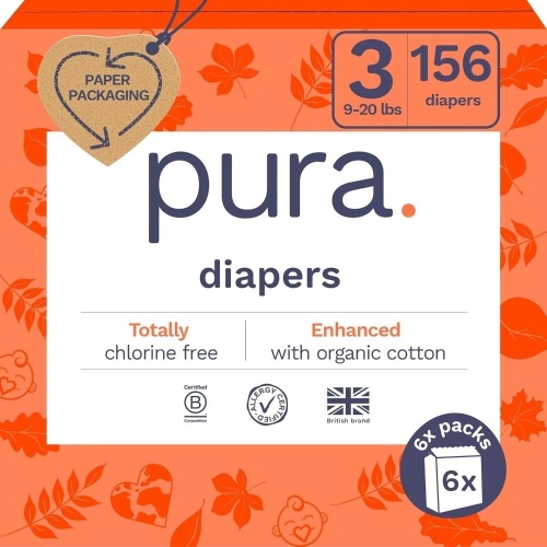 Pura Size 3 Eco-Friendly Diapers (9-20lbs) Totally Chlorine Free (TCF), Hypoallergenic, Soft Organic Cotton, Sustainable, up to 12 Hours Leak Protection, Allergy UK, 6 Packs of 26 (156 Diapers) - Lot 3308