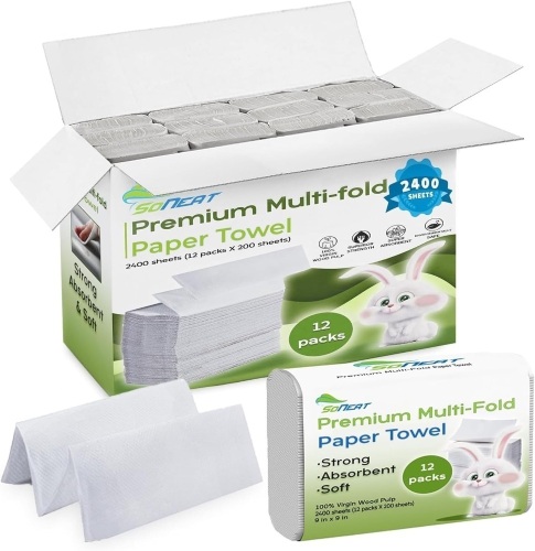 Multifold Paper Towels, 2400 Sheets, 200 Count Per Pack Premium Quality Disposable Hand Towels for Bathroom, Commercial, Household, and Public Facilities, 100% Virgin Wood Pulp, 12 Packs - Lot 3318