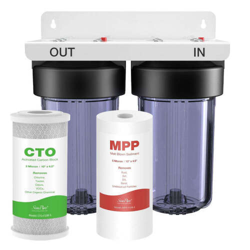 SimPure DB10C-2 5 Micron 2-Stage Whole House Water Filtration System with 4.5 x 10 inch Sediment and Carbon Block Filters for Well Water - Lot 3342