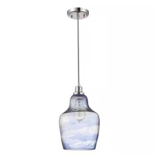 60-Watt 1-Light Chrome Island Mini Pendant Light w/Blue/Clear Hand-Blown Glass, No Bulb Included  - Lot 135