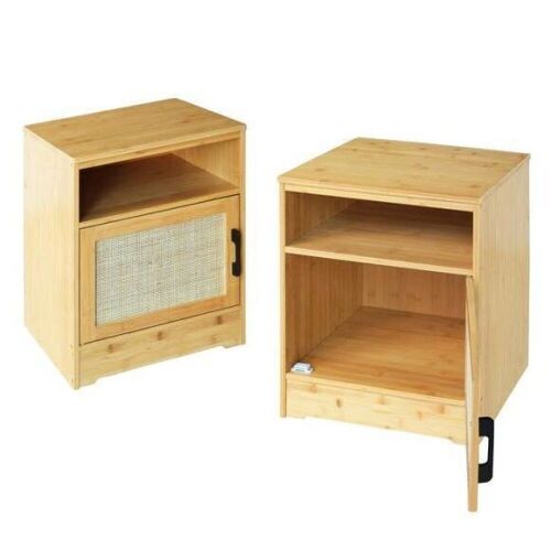 Yellow Bamboo Nightstand with Rattan Door, Set of 2  - Lot 247