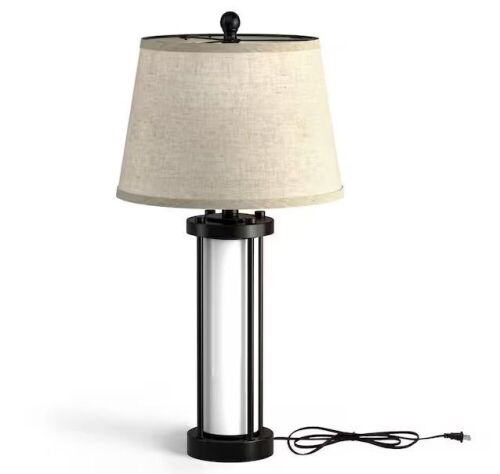 26.3 in. Black Modern Metal Integrated LED Fabric Lampshade Table lamp with Dual USB Charging Ports - Lot 457