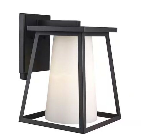 Cardston 13.88 in. 1-Light Black Outdoor Wall Light Fixture with White Opal Glass  - Lot 458