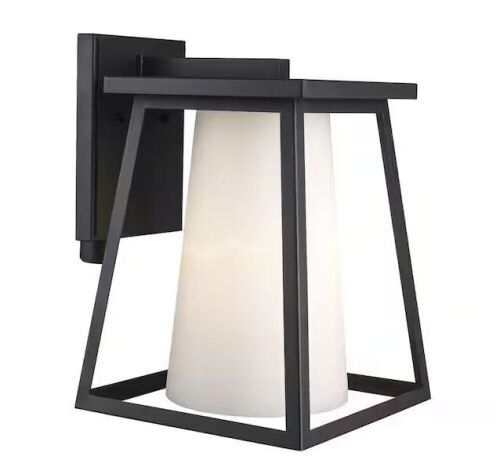 Cardston 13.88 in. 1-Light Black Outdoor Wall Light Fixture with White Opal Glass  - Lot 543