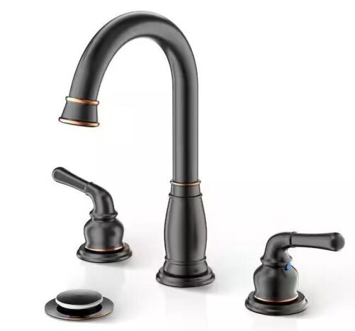 Oil Rubbed Bronze 8 inch Widespread 2-Handle 3 Hole Bathroom Sink Faucet with Valve and Metal Pop-Up Drain Assembly  - Lot 757