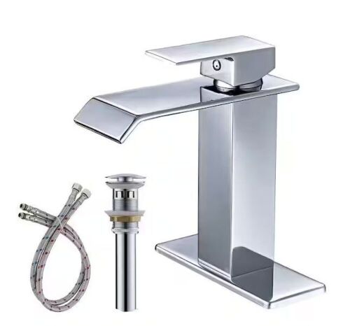 Single-Handle Single-Hole Waterfall Bathroom Sink Faucet with Pop-Up Drain Kit and Deckplate Included in Polished Chrome  - Lot 759