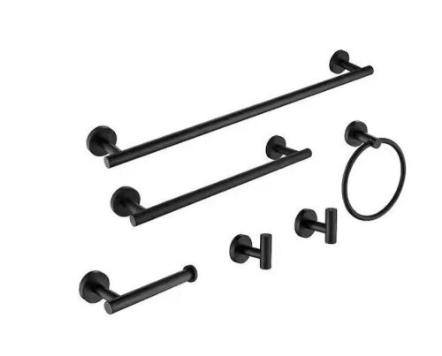 6-Piece Bath Hardware Set with Toilet Paper Holder, Towel Ring, Towel Hook and Towel Bar in Matte Black - Lot 846