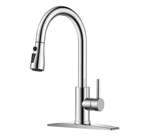 FORIOUS Single-Handle Kitchen Faucet with Pull Down Sprayer with Deck Plate in Chrome - Lot 855