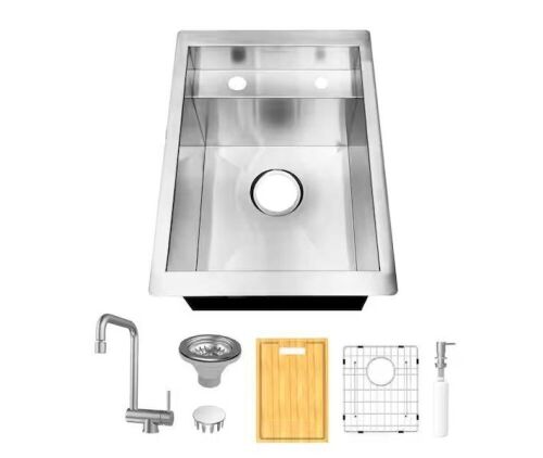  Glacier Bay Zero Radius 15 in. Undermount 18G Stainless Steel Single Bowl Workstation Bar Sink with Folding Faucet - Lot 40