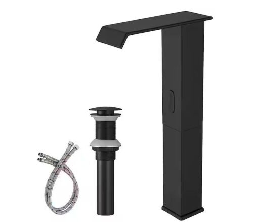 DC Automatic Sensor Touchless Vessel Sink Single Hole Bathroom Faucet Matte Black with Pop Up Drain  - Lot 431