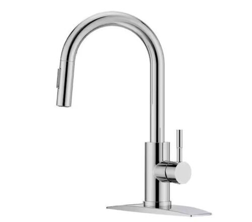 FURUISI Single Handle Pull Down Sprayer Kitchen Faucet with Removable Deck Plate Swivel Spout in Chrome - Lot 433