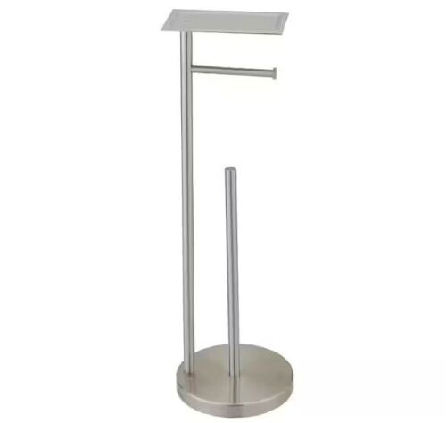 Round Free Standing Toilet Paper Holder with Top Storage Shelf in Brushed Nickel  - Lot 634