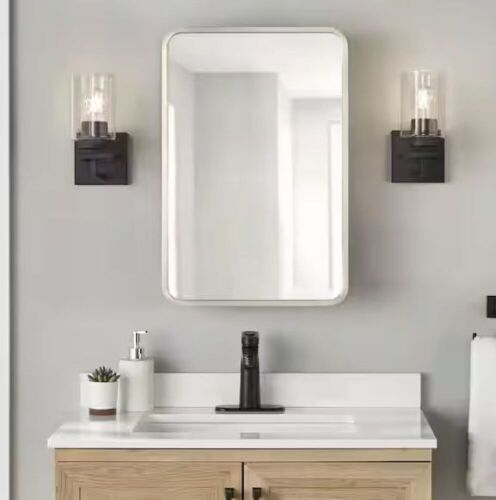 Glacier Bay 16 in. W x 24 in. H Rounded Corner Rectangular Brushed Nickel Medicine Cabinet with Mirror - Lot 820