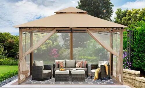 11 ft. x 11 ft. Steel Outdoor Patio Gazebo with Vented Soft Roof Canopy and Netting - Lot 236