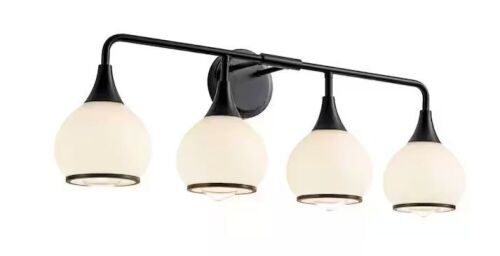 30 in. 4-Light Black Bathroom Vanity Light with Milky White Globe Glass Shades - Lot 237