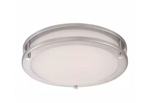 Hampton Bay Flaxmere 12 in. Brushed Nickel Dimmable LED Integrated Flush Mount with Frosted White Glass Shade - Lot 238