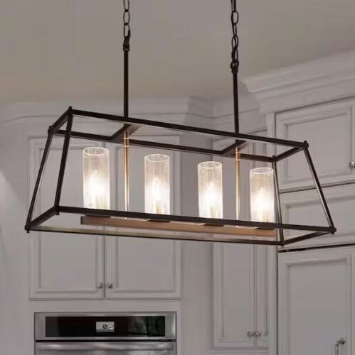 Zevni 28.5 in. 4-Light Black Seeded Glass Cage Pendant Light - Lot 263