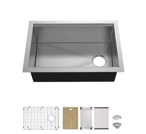 Glacier Bay Professional Zero Radius 30 in Undermount Single Bowl 16 Gauge Stainless Steel Workstation Kitchen Sink with Accessories - Lot 36