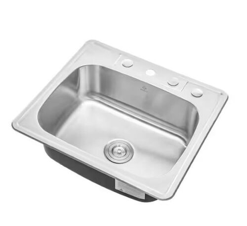 Top Mount Drop-In Stainless Steel 18-Gauge 25 in. x 22 in. x 9 in. Deep 4-Faucet Holes Single Bowl Kitchen Sink - Lot 823