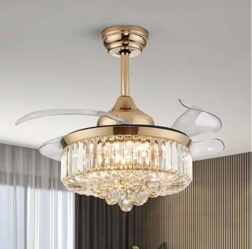 ANTOINE 36 in. Integrated LED Indoor Gold Crystal Chandelier Retractable Blades Ceiling Fan with Light and Remote - Lot 55