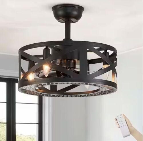 ANTOINE 17 in. Indoor Black Farmhouse Caged Ceiling Fan with Lights and Remote - Lot 56