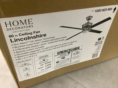 Home Decorators Collection Lincolnshire 60 in. LED Brushed Nickel Ceiling Fan with Light - Lot 528