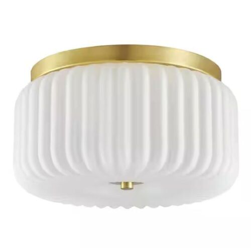Home Decorators Collection Caroline 11 in. 2-Light Aged Brass Flush Mount with Frosted Glass Shade  - Lot 639
